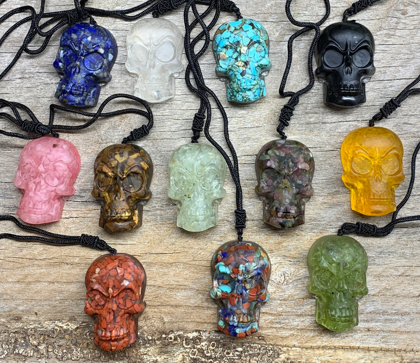 Mystery Orgonite Gemstone Skull Suprise Necklace 2” Pendant 1065 (Crystals Imbedded in Resin)