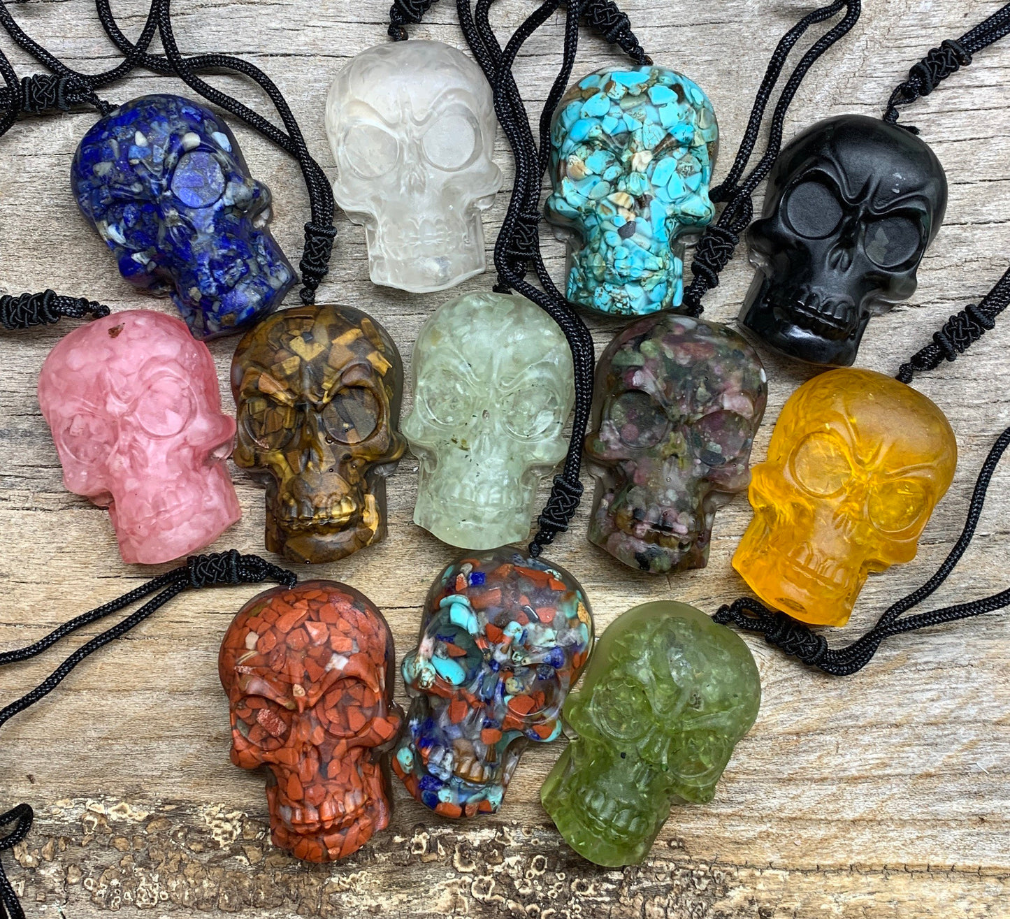 Mystery Orgonite Gemstone Skull Suprise Necklace 2” Pendant 1065 (Crystals Imbedded in Resin)