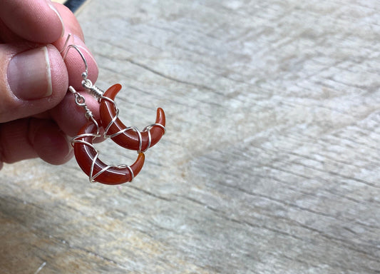 Carnelian Agate Moon 1090 Wire Wrapped Earrings. Handmade