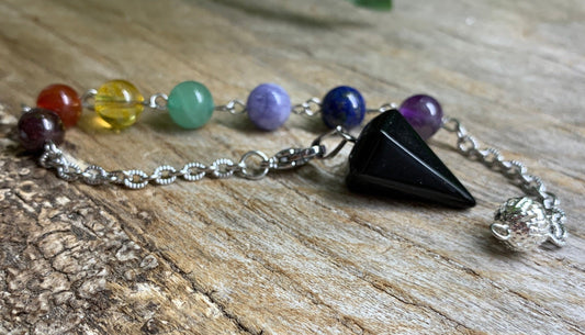 Black Obsidian Pendulum with Chakra Beads PND-0032