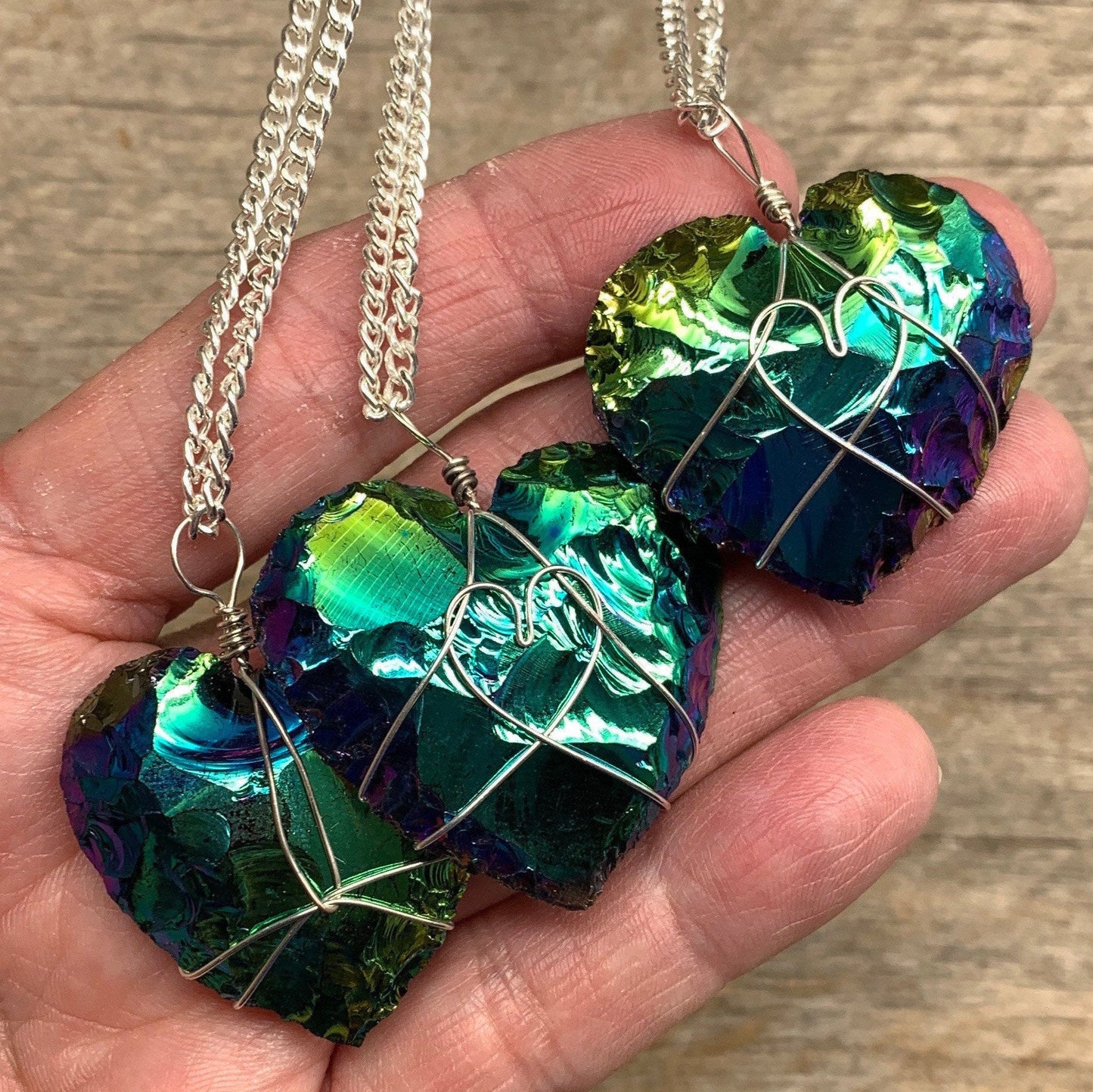 Rainbow Aura Obsidian Heart Wire Wrapped Necklace, Tanzin Aura 1107