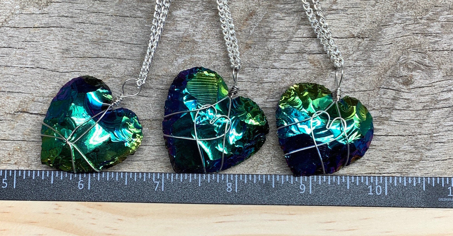 Rainbow Aura Obsidian Heart Wire Wrapped Necklace, Tanzin Aura 1107