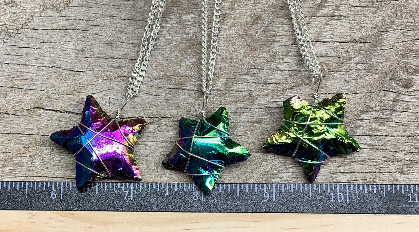 Rainbow Aura Obsidian Star Wire Wrapped Necklace NCK-1923
