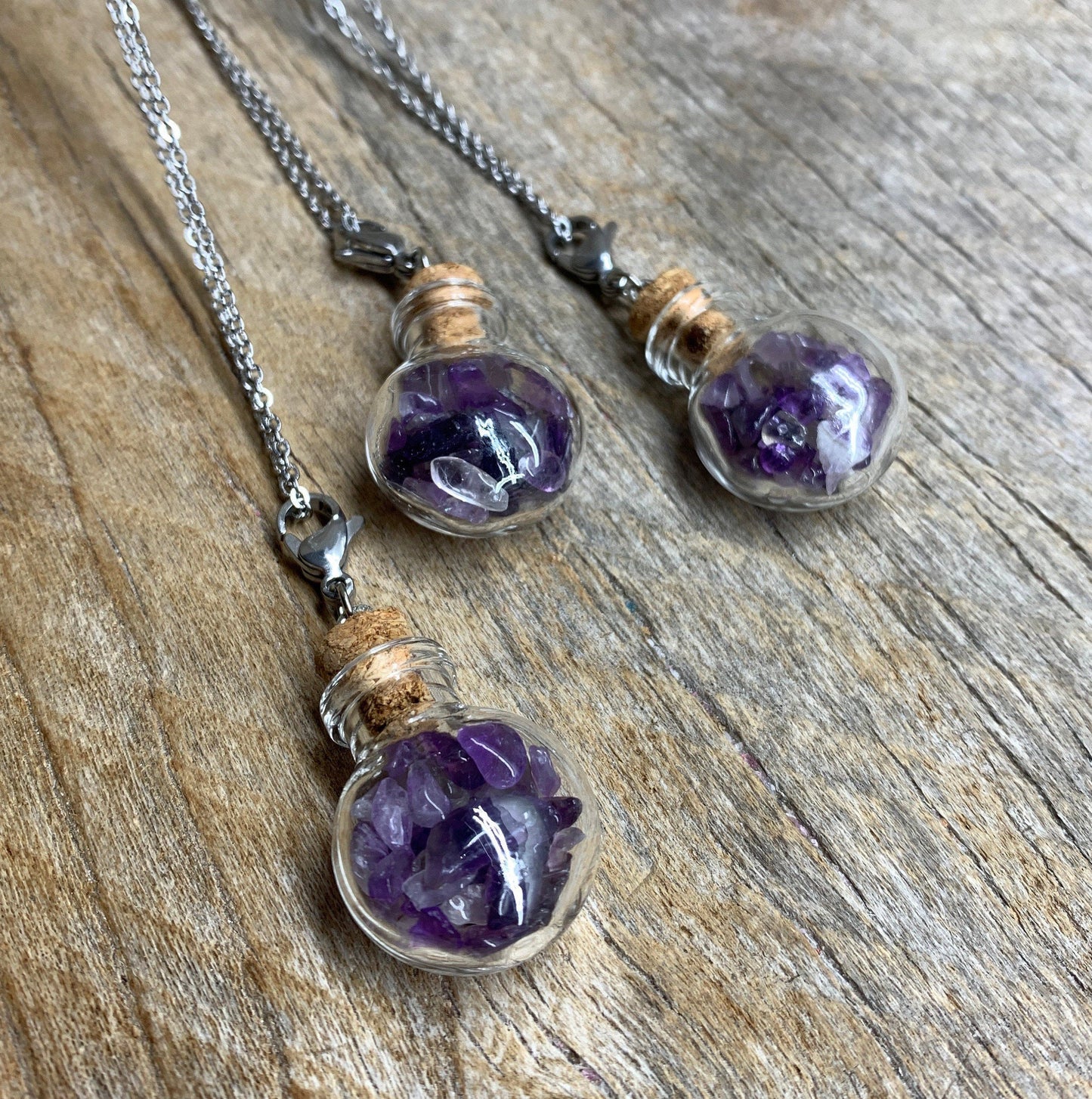 Amethyst Necklace 1173 Circular Corked Bottle with 20” chain