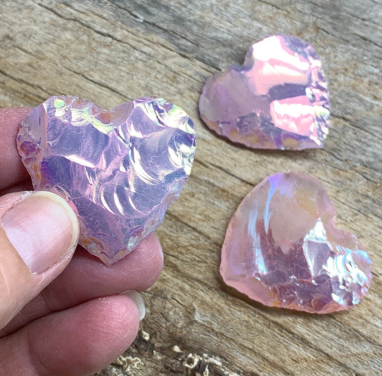 Pink Angel Aura Opalite Knapped Heart 1367 (Approx. 1 1/2”- 1 3/4”)