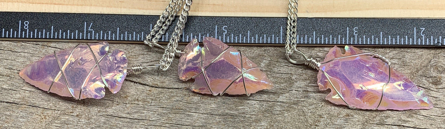 Pink Angel Aura Opalite Arrowhead, Handmade Wire Wrapped Necklace NCK-2007