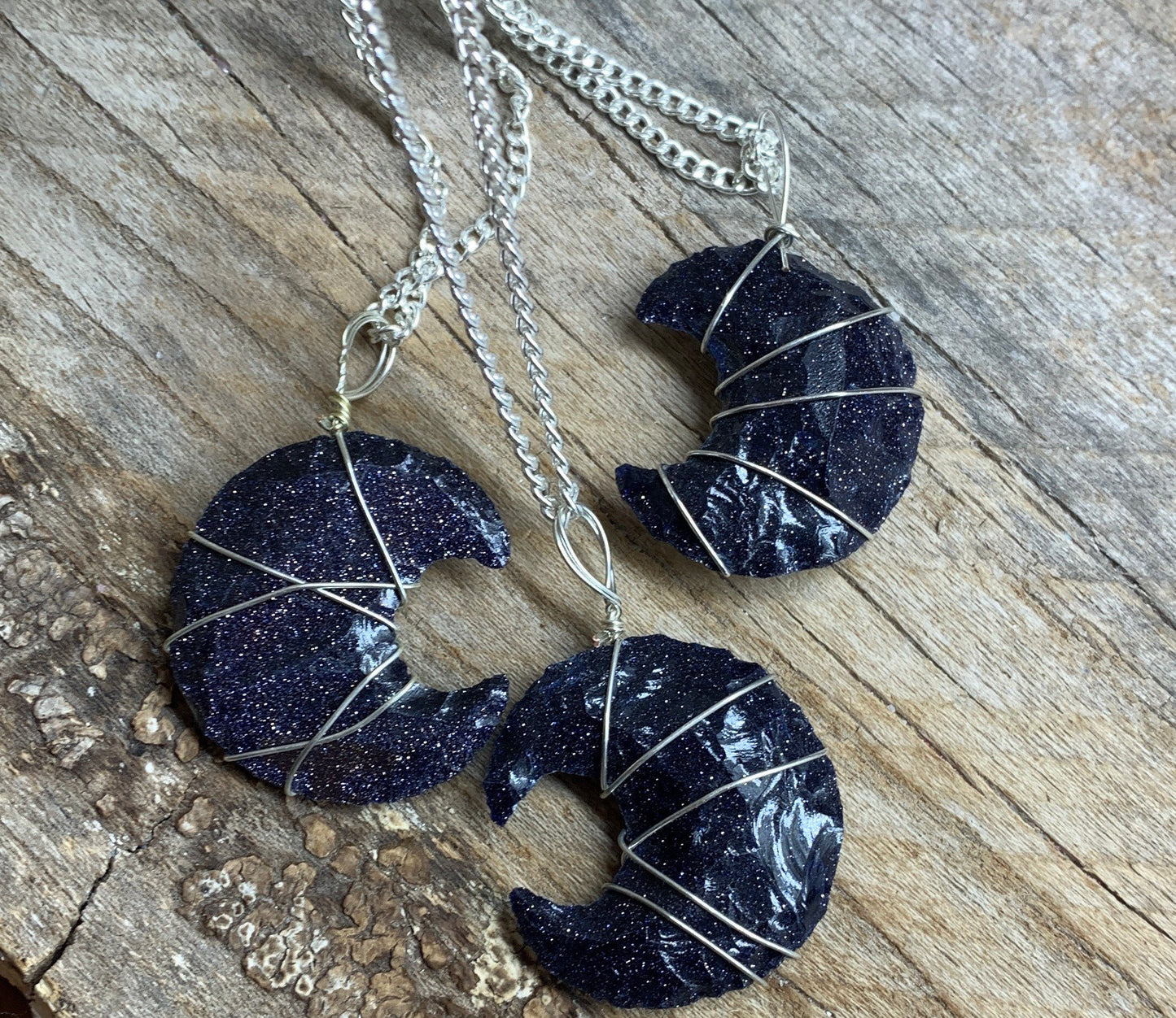 Blue Goldstone Knapped Moon Wire Wrapped Necklace NCK-2382