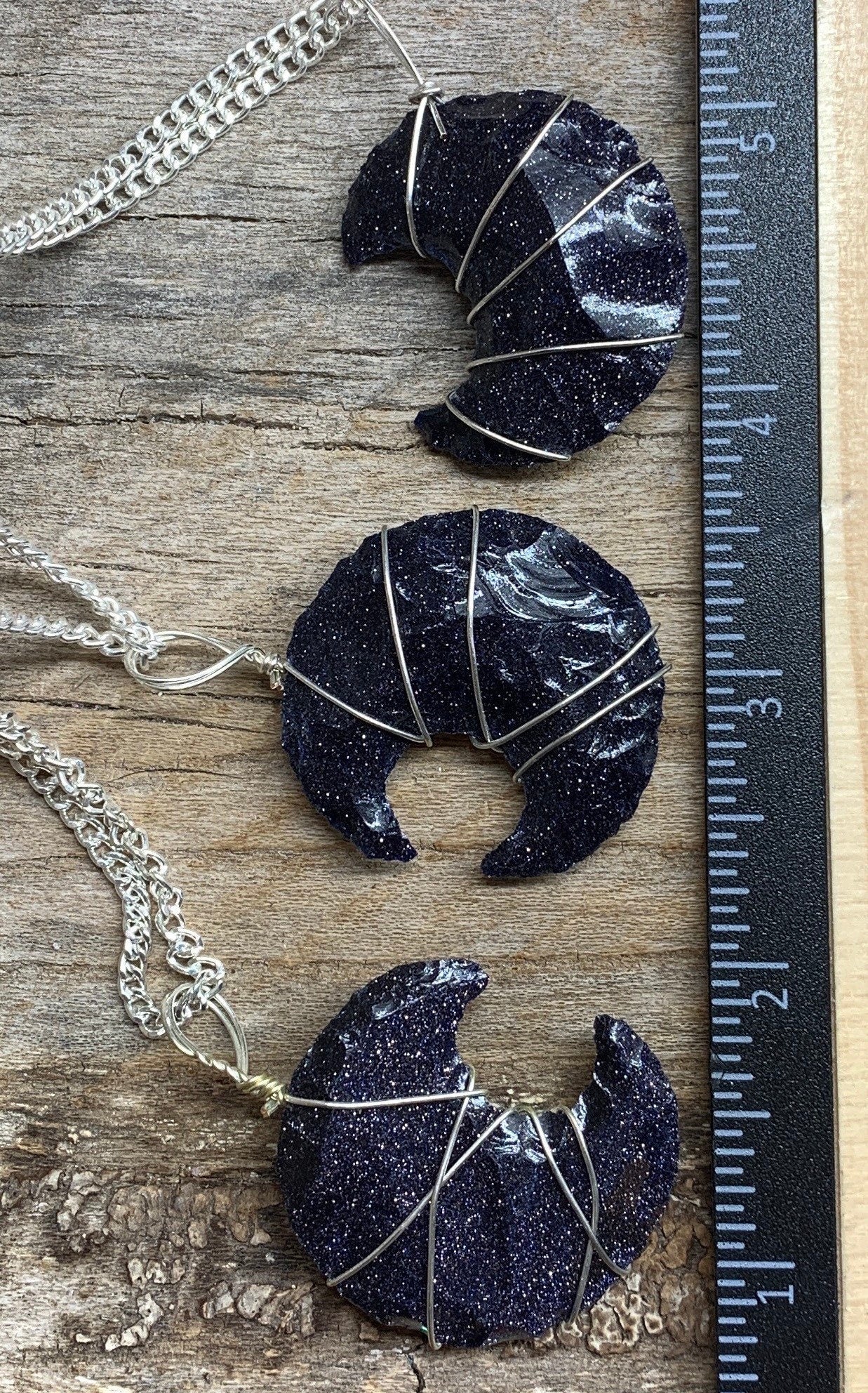 Blue Goldstone Knapped Moon Wire Wrapped Necklace NCK-2382