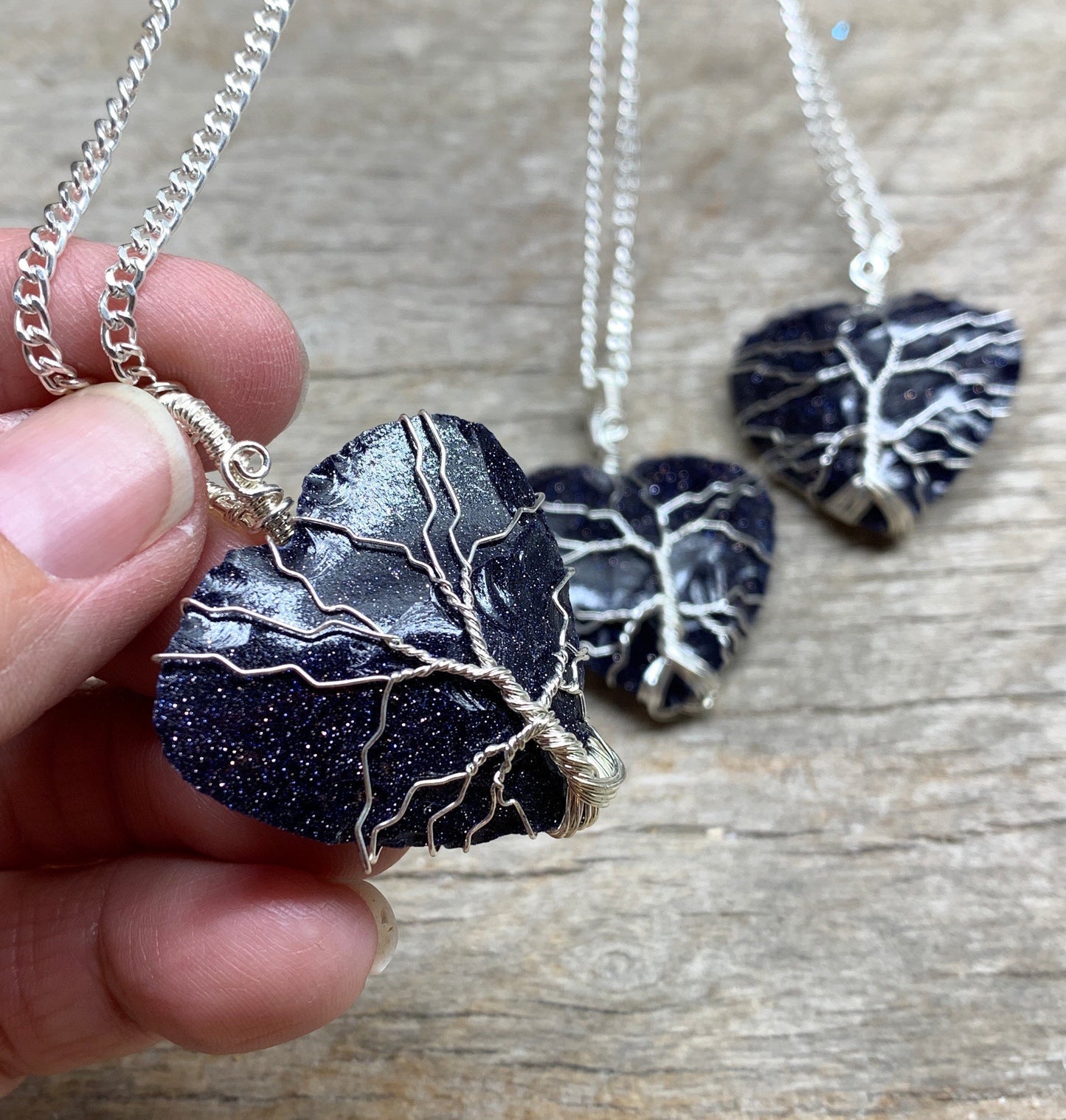 Blue Goldstone Knapped Heart, Tree of Life, Wire Wrapped Necklace NCK-2379