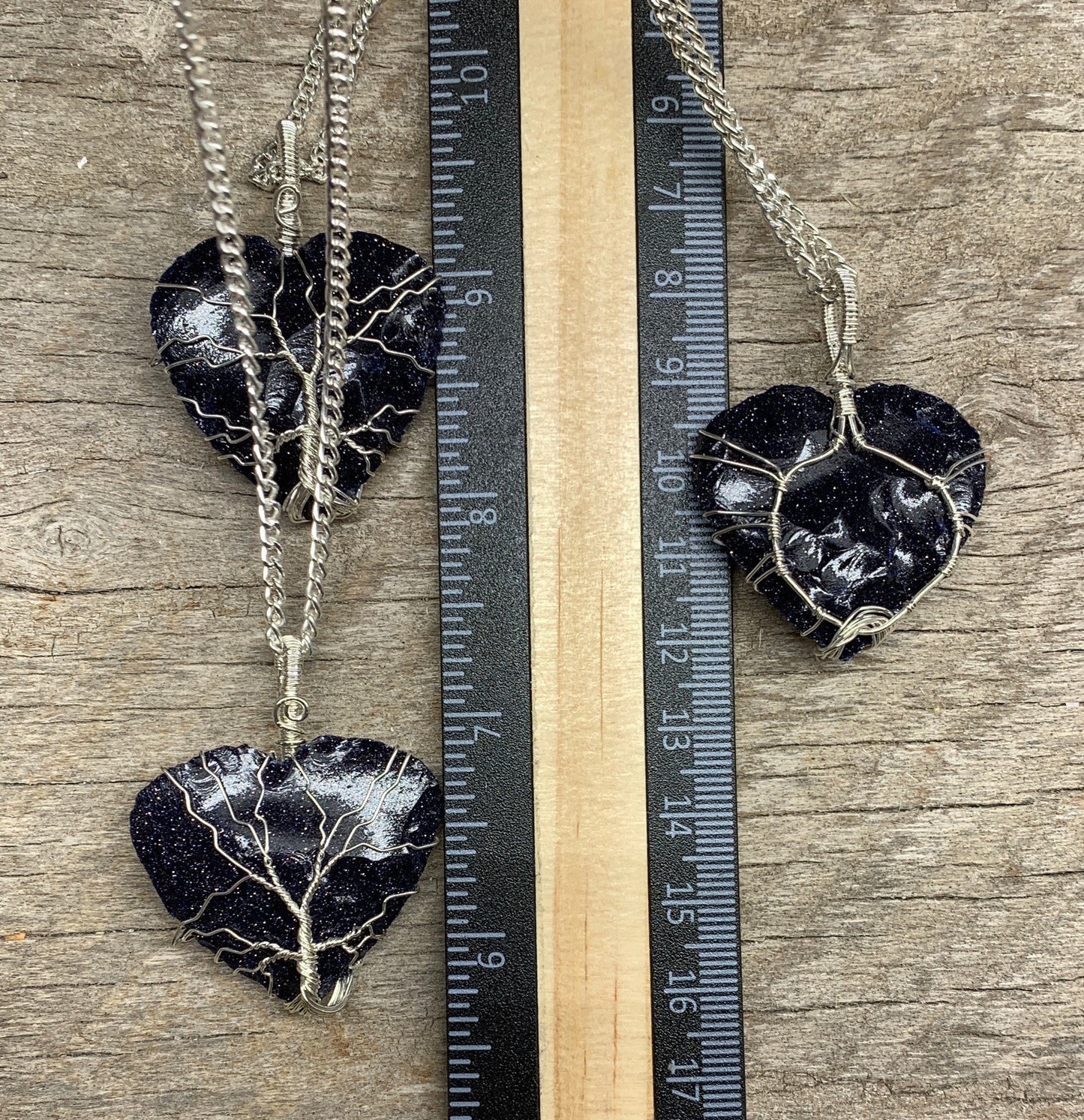 Blue Goldstone Knapped Heart, Tree of Life, Wire Wrapped Necklace NCK-2379