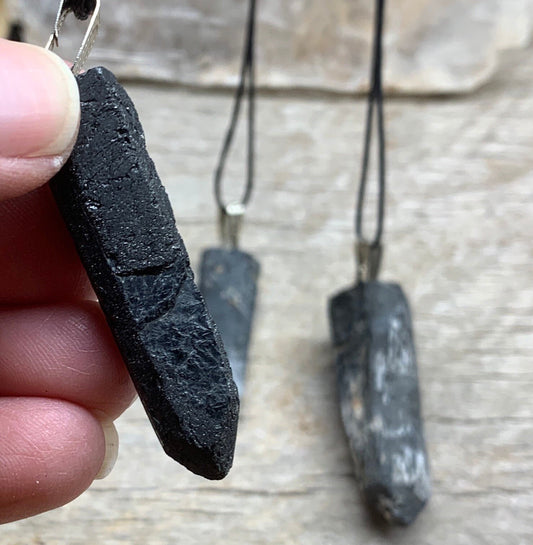 Black Tourmaline Crystal Point Necklace, Masculine, Rustic 1125