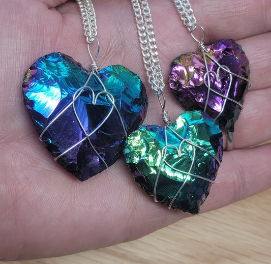 Rainbow Aura Obsidian Heart Wire Wrapped Necklace, Tanzin Aura 1107