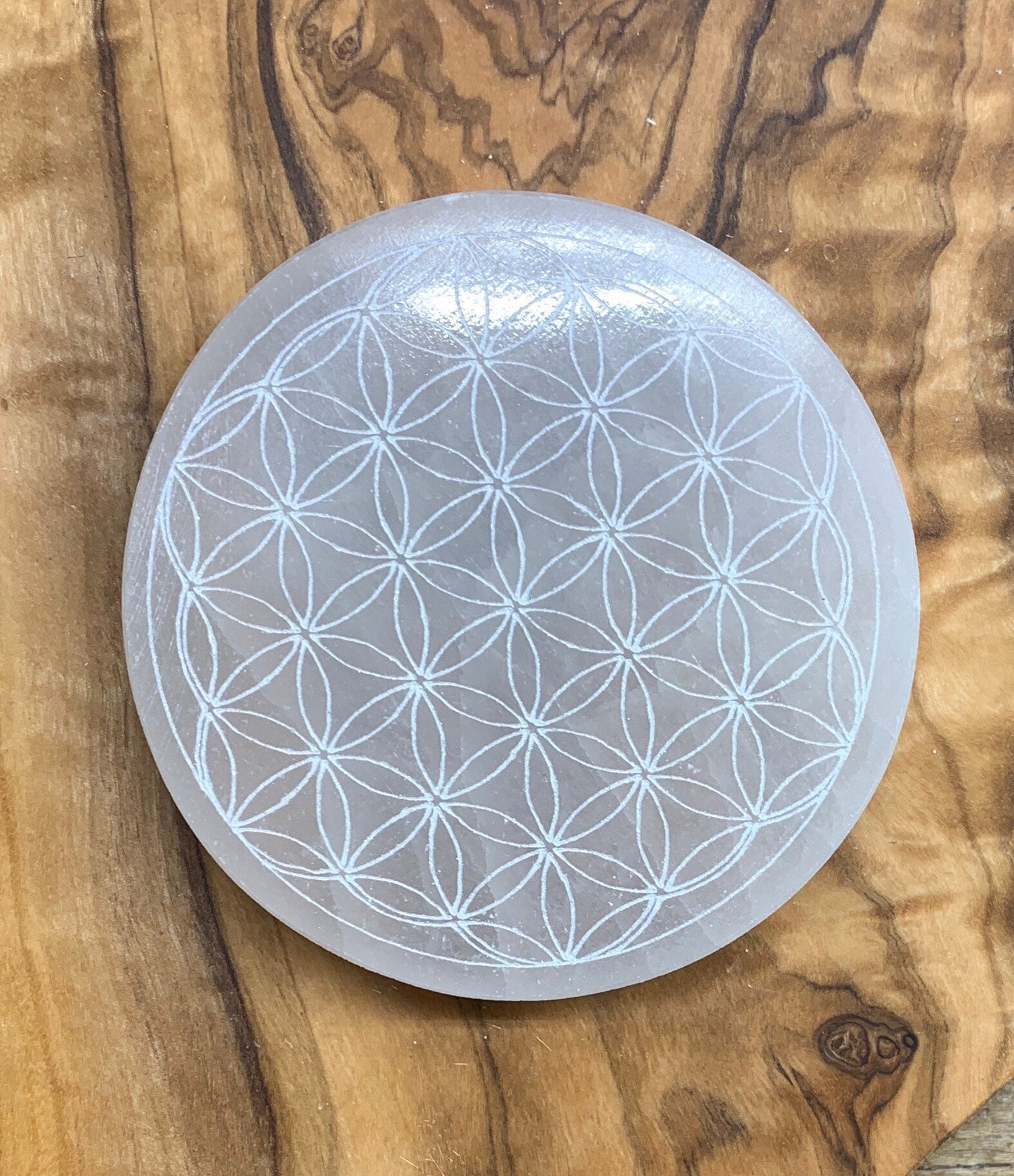Selenite Flower Of Life Etched 70mm Disk S-0008