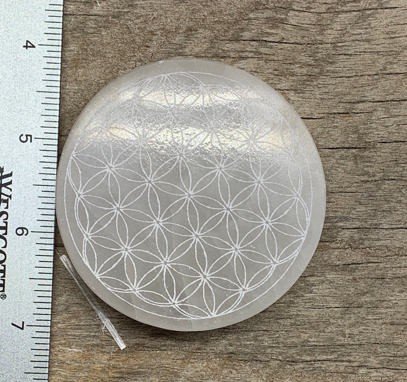 Selenite Flower Of Life Etched 70mm Disk S-0008