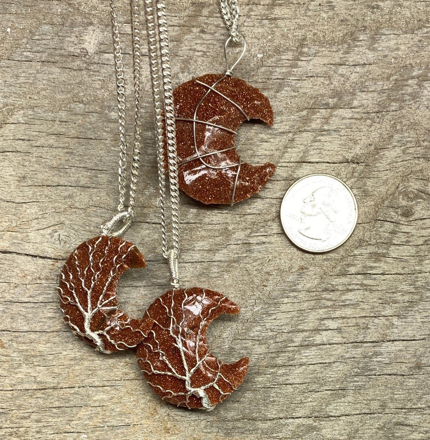 Knapped Goldstone Wire Wrapped Moon & Tree of Life  NCK-2375