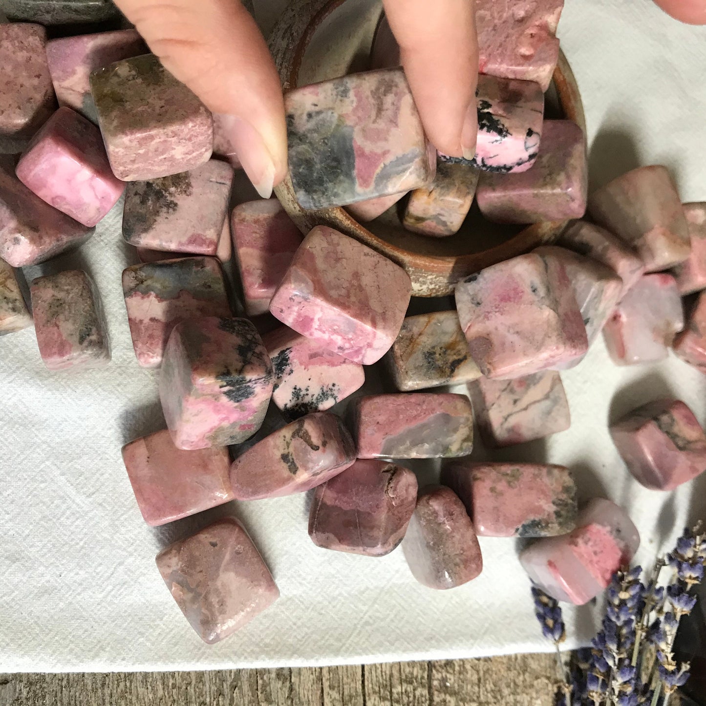 Rhodonite Cube, Tumbled Stone (Approx 1") for Wire Wrapping or Crystal Grid Supply 0701