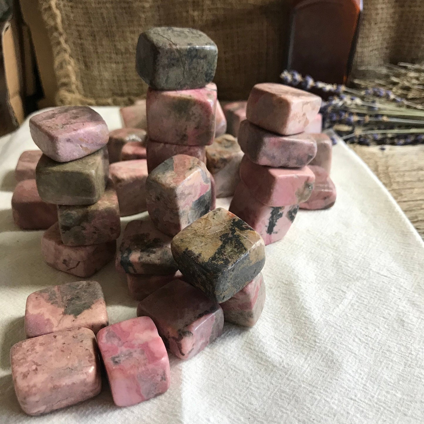 Rhodonite Cube, Tumbled Stone (Approx 1") for Wire Wrapping or Crystal Grid Supply 0701