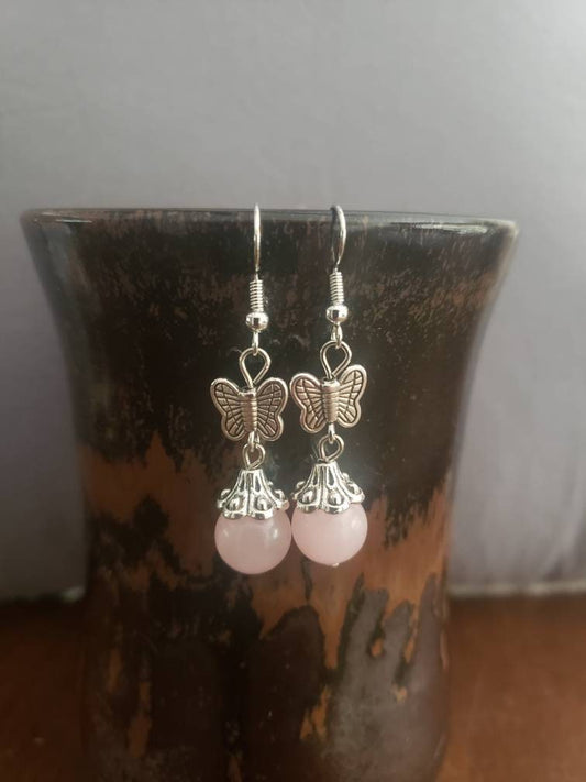 Rose Quartz Butterfly Earrings, Heart Healing, Beautiful EAR-0001