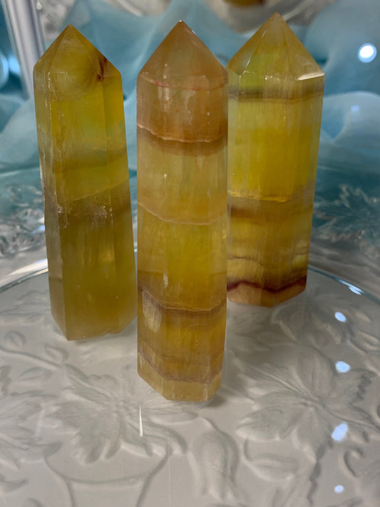 Yellow Fluorite Obelisk, Personal Power, Crystal Grid, Purple, Yellow, Solar Plexus Chakra 0334