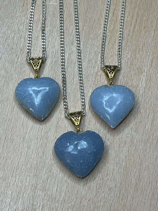 Angelite Heart Necklace w/ golden bale and 24” silver chain. NCK-0289