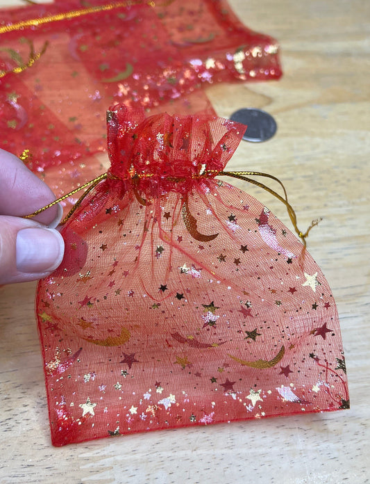 Red Moon & Stars Organza Drawstring Bag BAG-0039 (Approx. 4”x 4 1/2”)