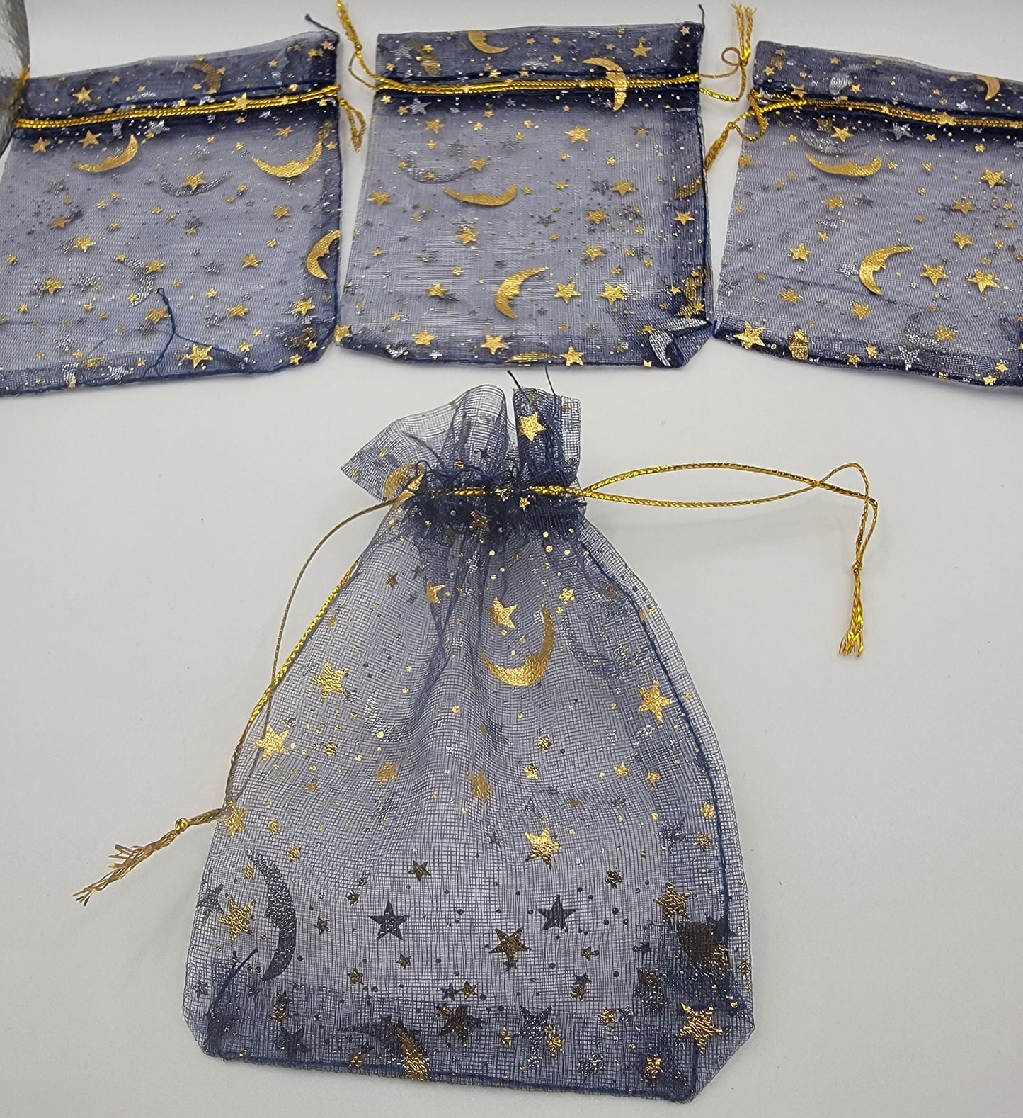 Midnight Blue Moon & Stars Organza Drawstring Bag BAG-0047 (Approx. 4”x 4 1/2”)