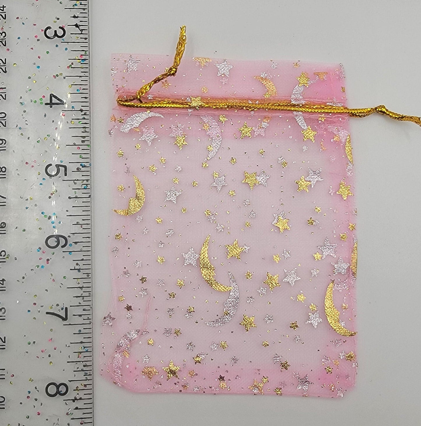 Pink Moon & Stars Organza Drawstring Bag BAG-0046 (Approx. 4”x 4 1/2”)