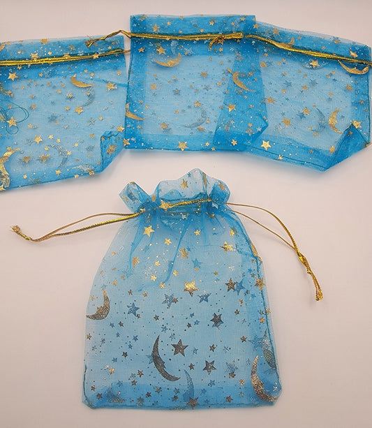 Ocean Blue Moon & Stars Organza Drawstring Bag BAG-0043 (Approx. 4”x 4 1/2”)