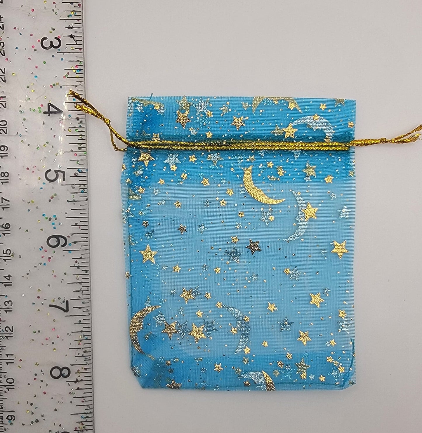 Ocean Blue Moon & Stars Organza Drawstring Bag BAG-0043 (Approx. 4”x 4 1/2”)