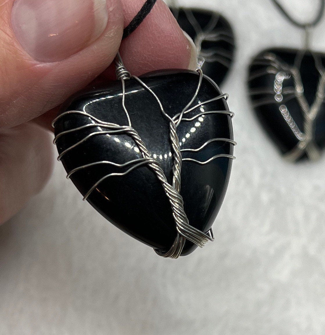 Black Obsidian Heart Wire Wrap Necklace, Tree of Life 1073
