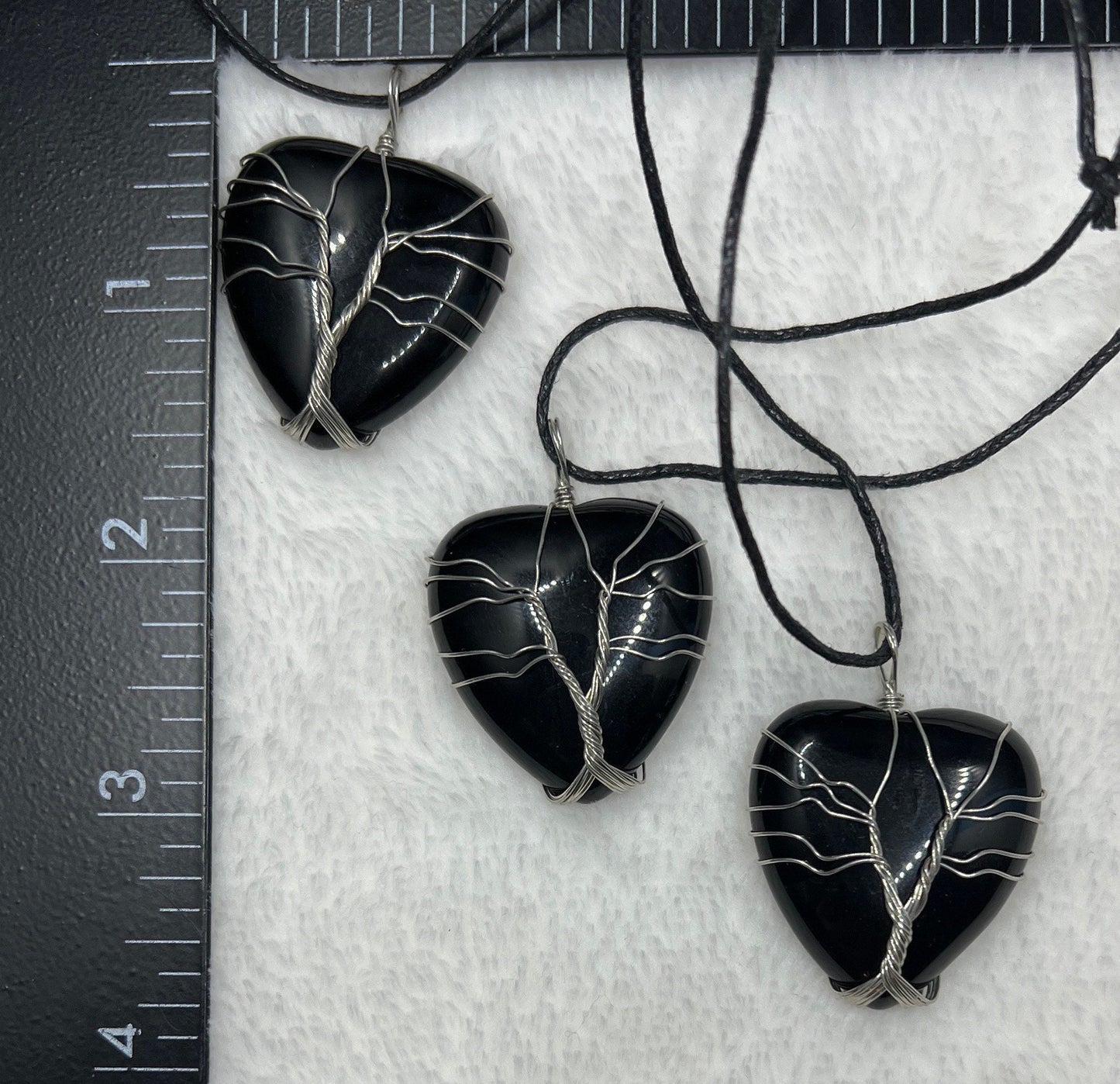 Black Obsidian Heart Wire Wrap Necklace, Tree of Life 1073