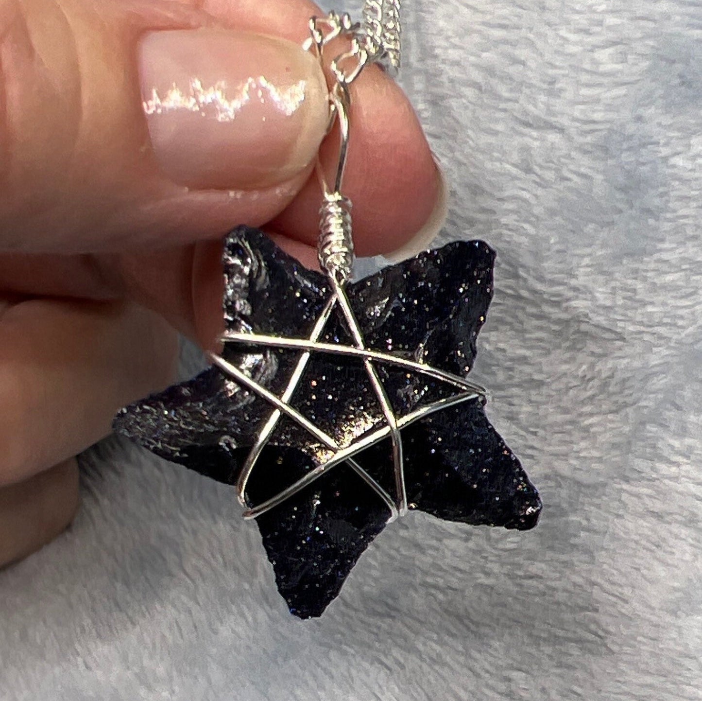Blue Goldstone Knapped Star Wire Wrapped Necklace NCK-2386