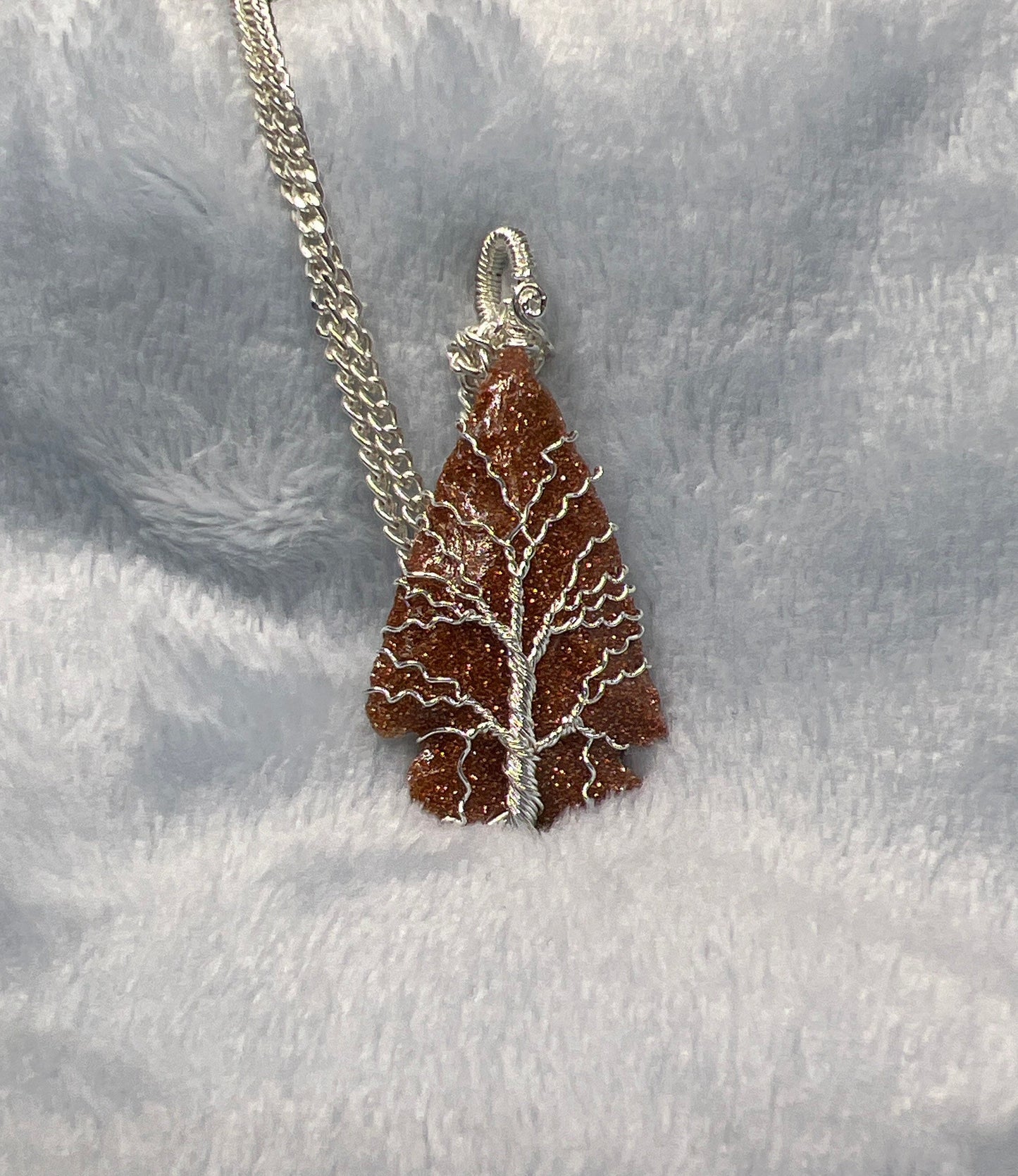 Goldstone Knapped Arrowhead Wire Wrapped Necklace Tree Of Life NCK-2389