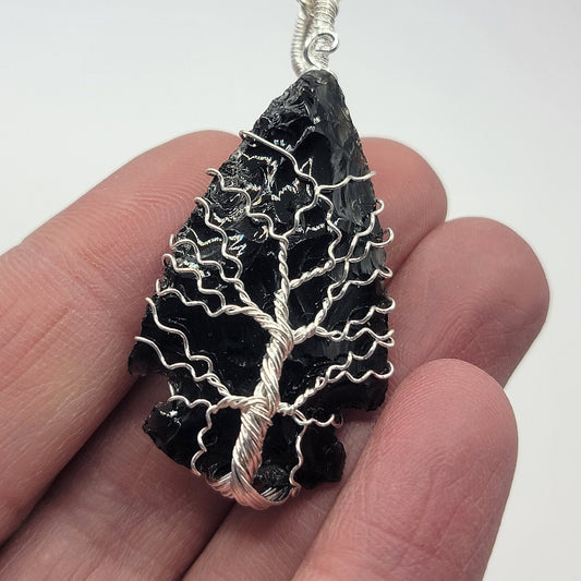 Black Obsidian Arrowhead, Tree of Life Wire Wrapped Necklace 1158 Tree of Life, Handmade