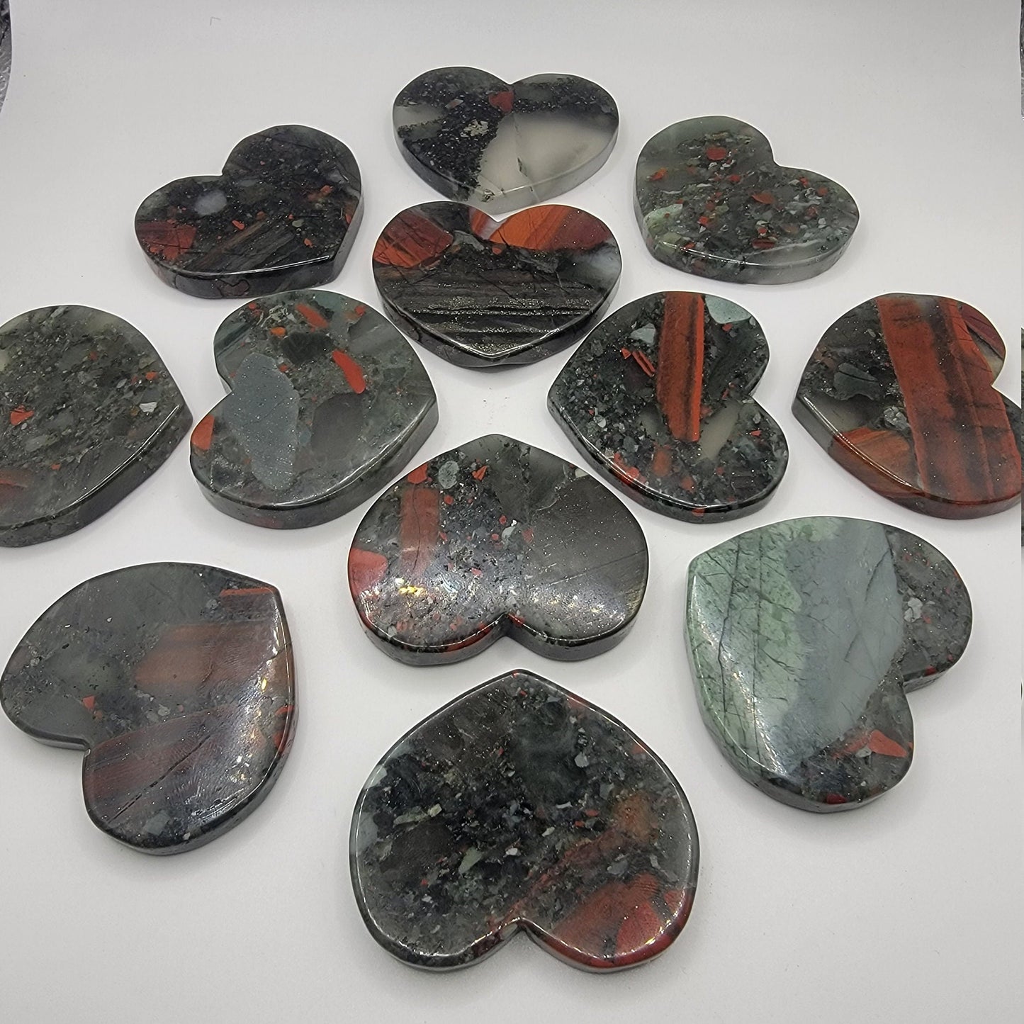 African Blood Agate Heart (Approx. 2" - 2 1/2") Heart Healing Flat Red & Green Stone Heart for Crafts or Crystal Grid 1433