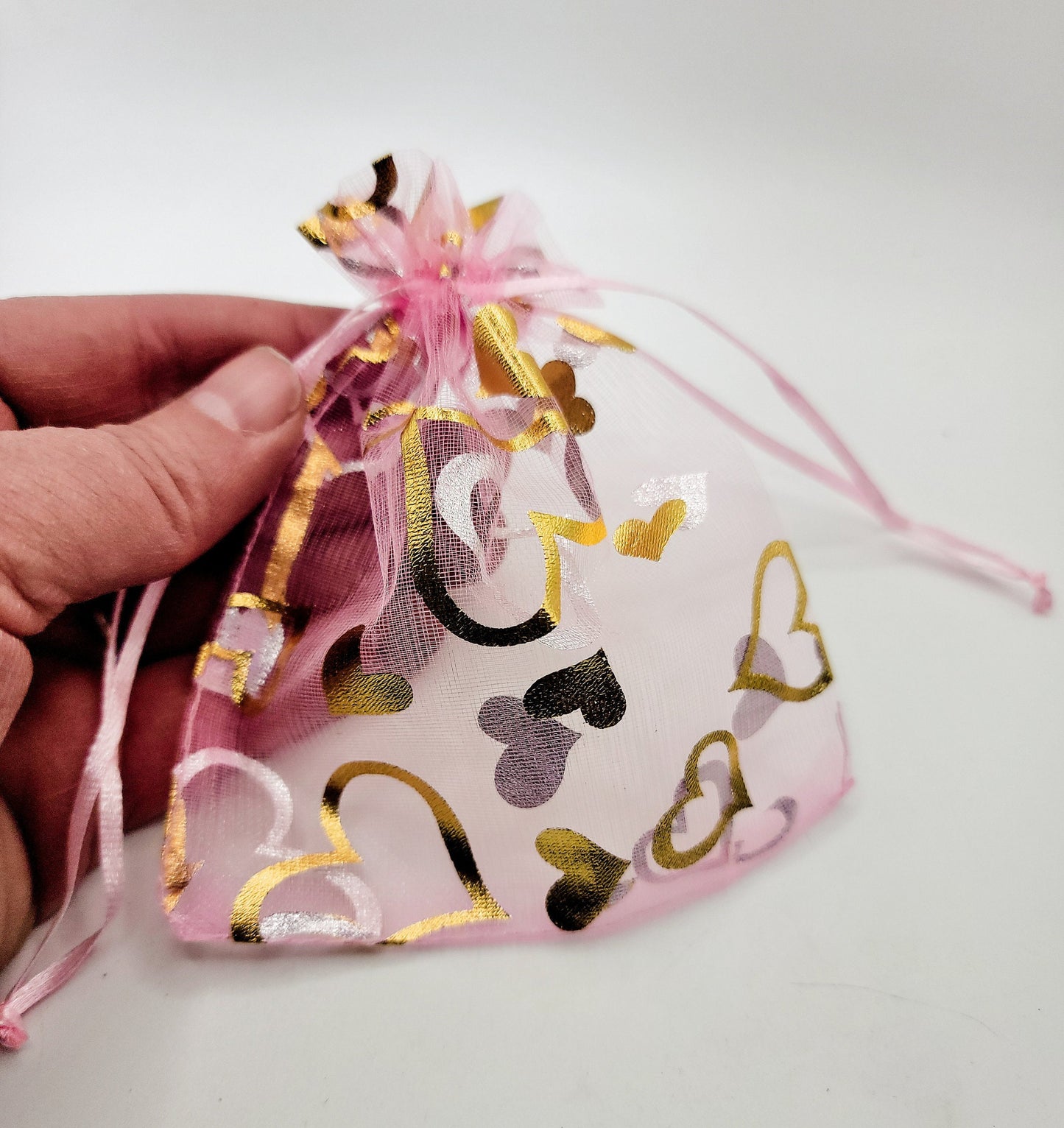 Heart Organza Drawstring Bag, Pink & Gold, Valentine's Day BAG-0050 (Approx. 4”x 5 3/4”)