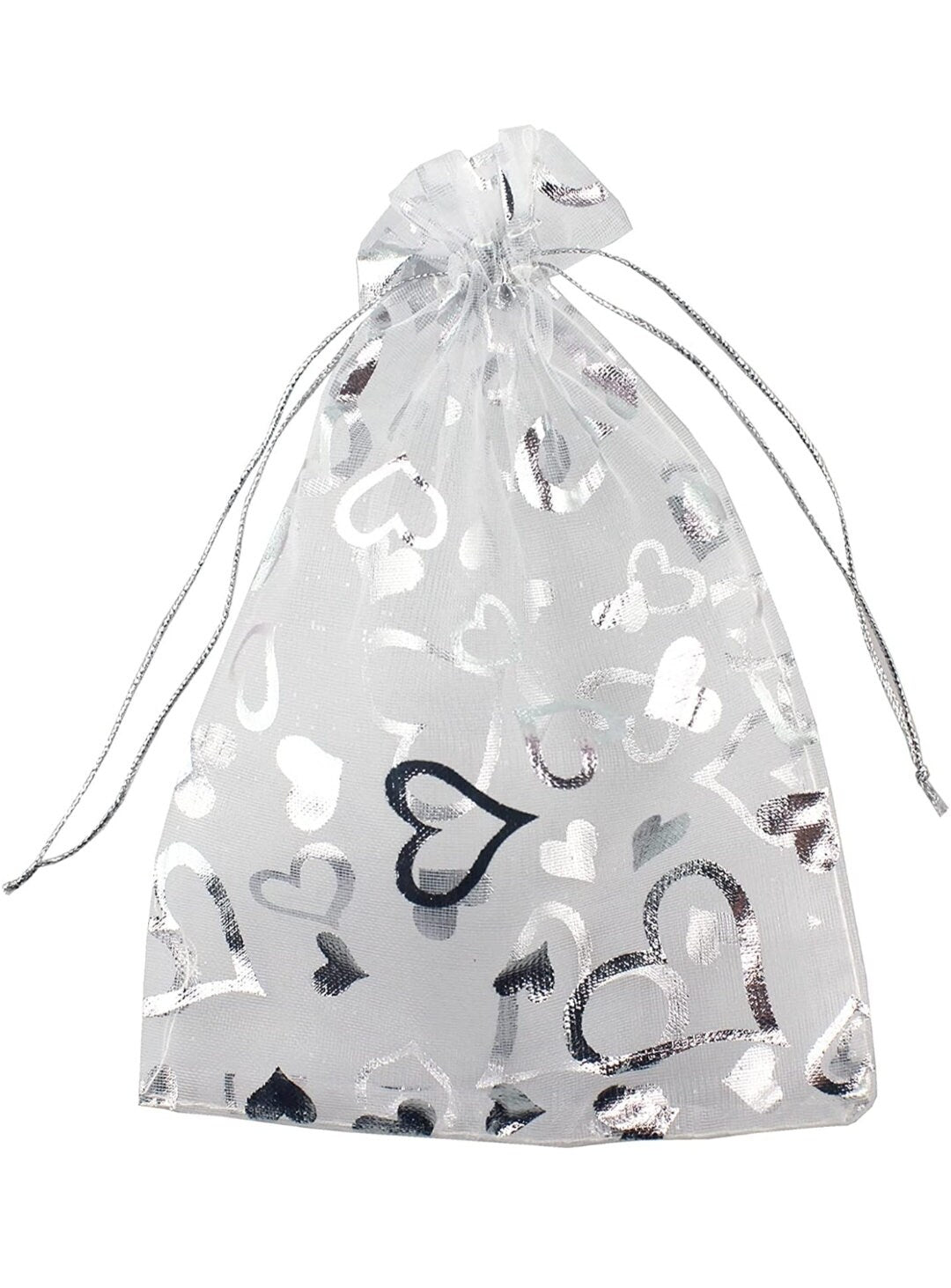 Heart Organza Drawstring Bag, White & Silver, Valentine's Day BAG-0051 (Approx. 6 1/4”x 4 1/4”)