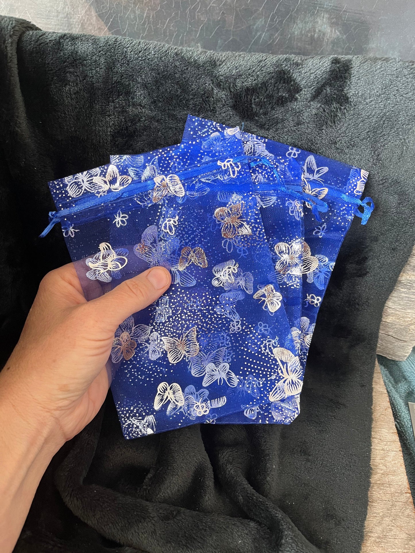 Royal Blue Metallic Butterfly Organza Drawstring Bag (Approx. 5”X7”) BAG-0058