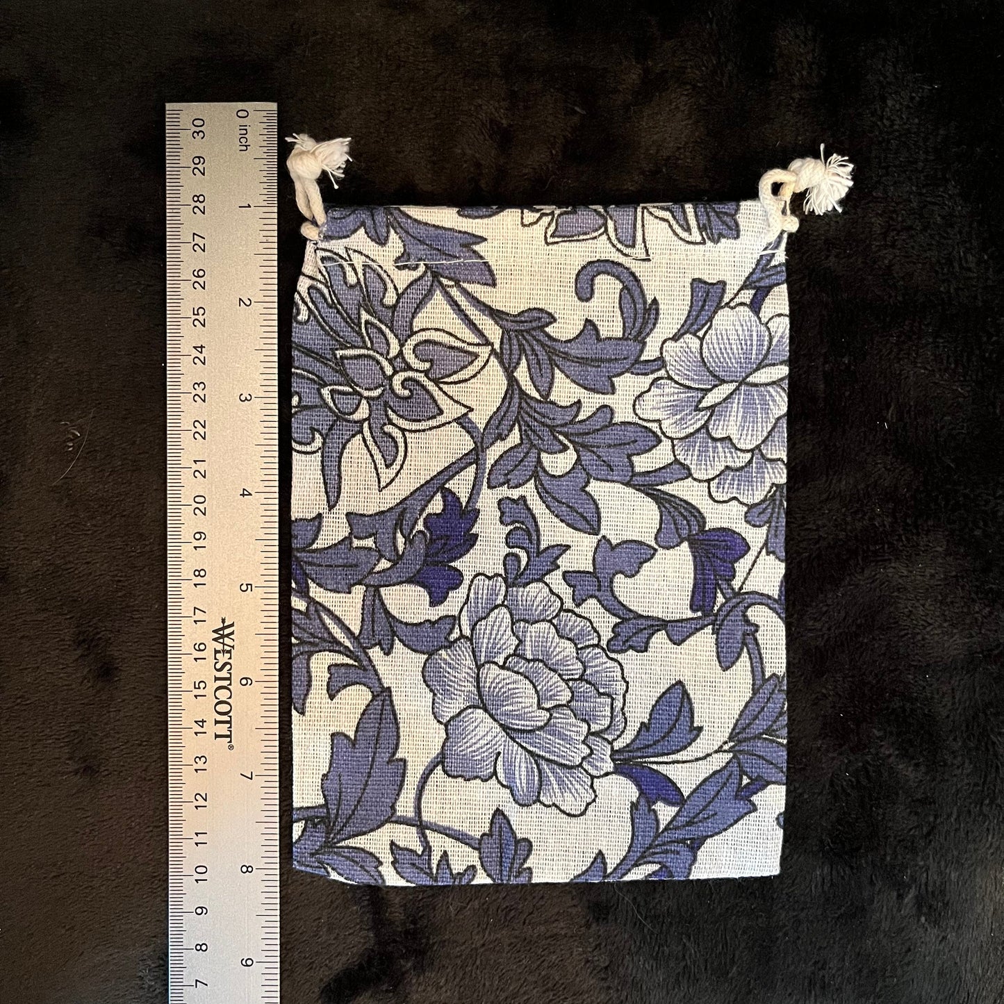 Blue Floral Burlap Drawstring Bag (Approx. 5” X 7") BAG-0178