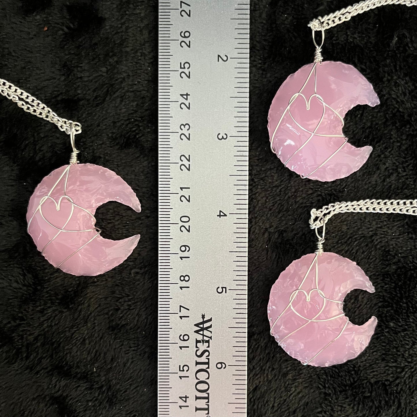 Pink Opalite Knapped Moon Wire Wrapped Necklace, with 22”chain 1214