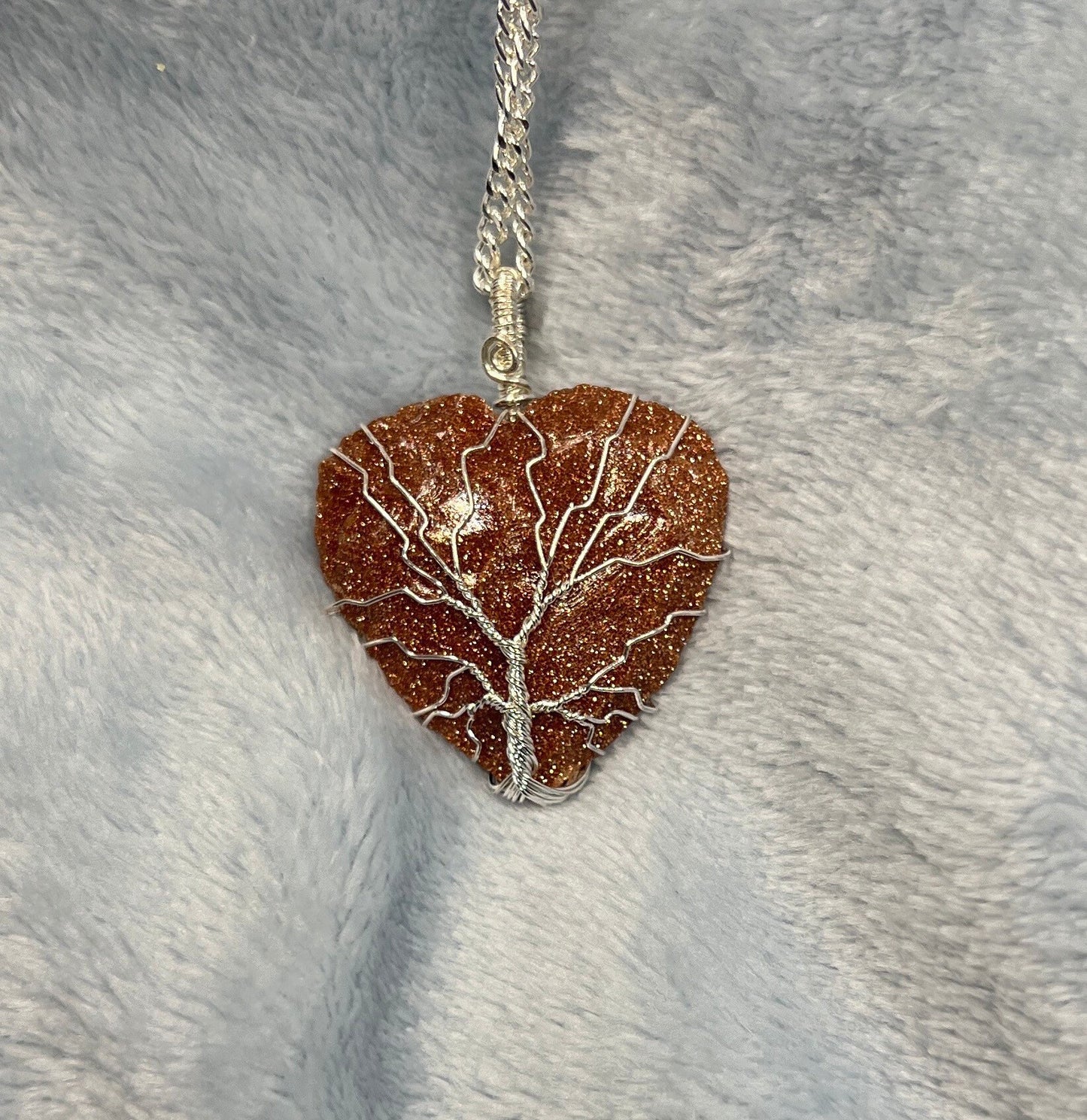 Goldstone Knapped Heart, Tree Of Life, Wire Wrapped Necklace NCK-2390