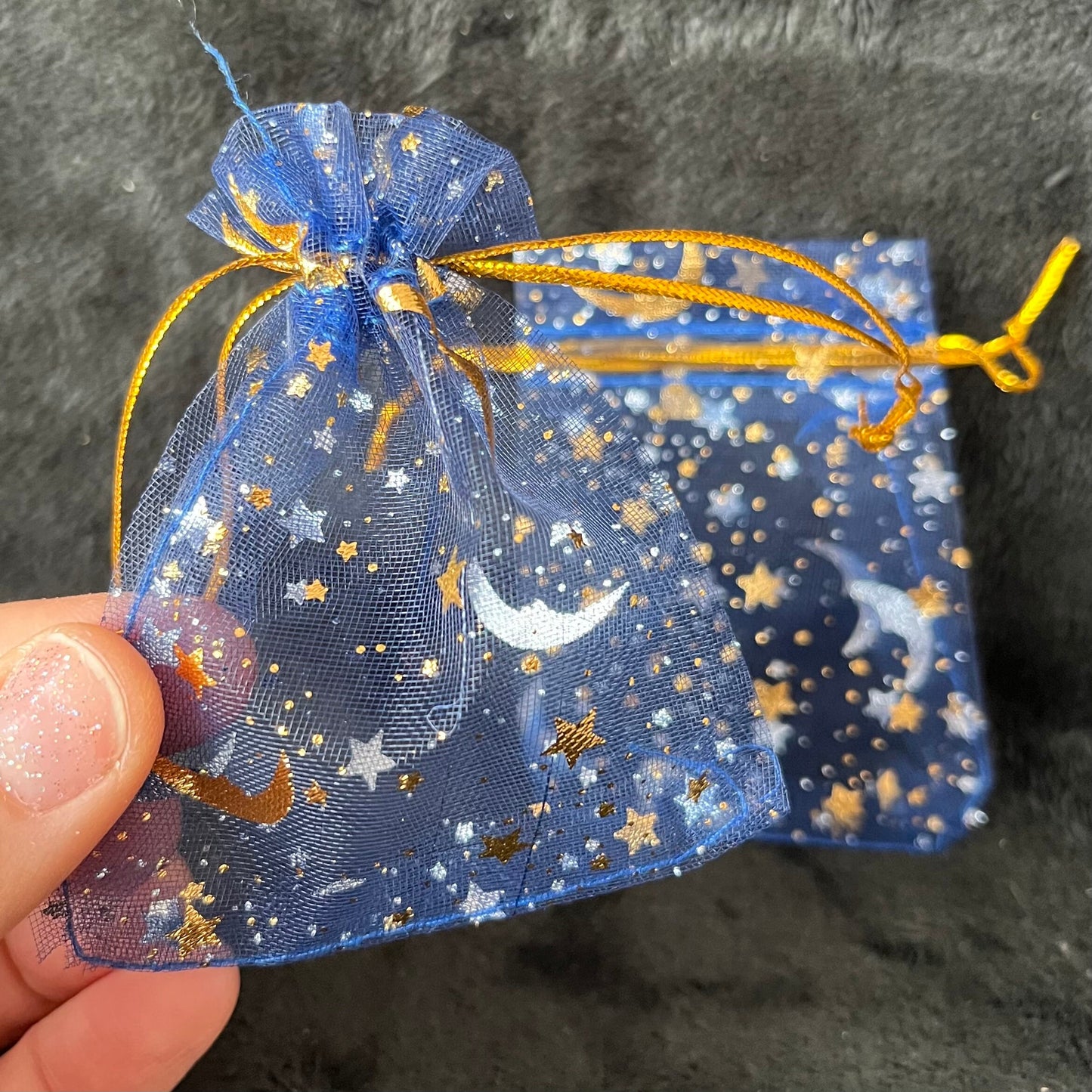 Navy Blue Sun, Moon, and Stars Organza Drawstring Bag (Approx. 2 1/4” - 3 1/2”) BAG-0199