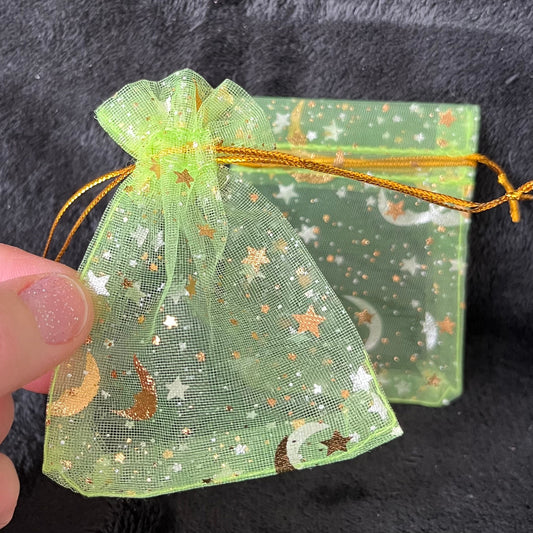 Light Green Sun, Moon, and Stars Organza Drawstring Bag (Approx. 2 1/4” - 3 1/2”) BAG-0200