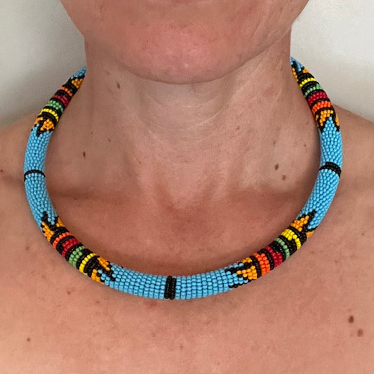 African Maasai Beaded Choker, Blue Tribal NCK-2908