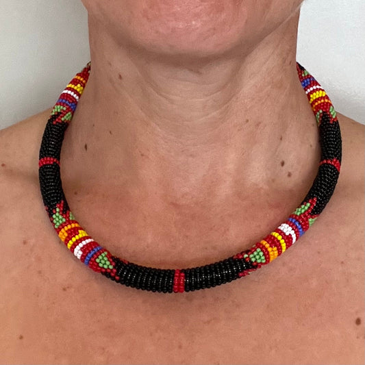 African Maasai Beaded Choker, Black Tribal NCK-2905