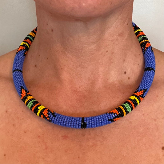 African Maasai Beaded Choker, Blue Tribal NCK-2910