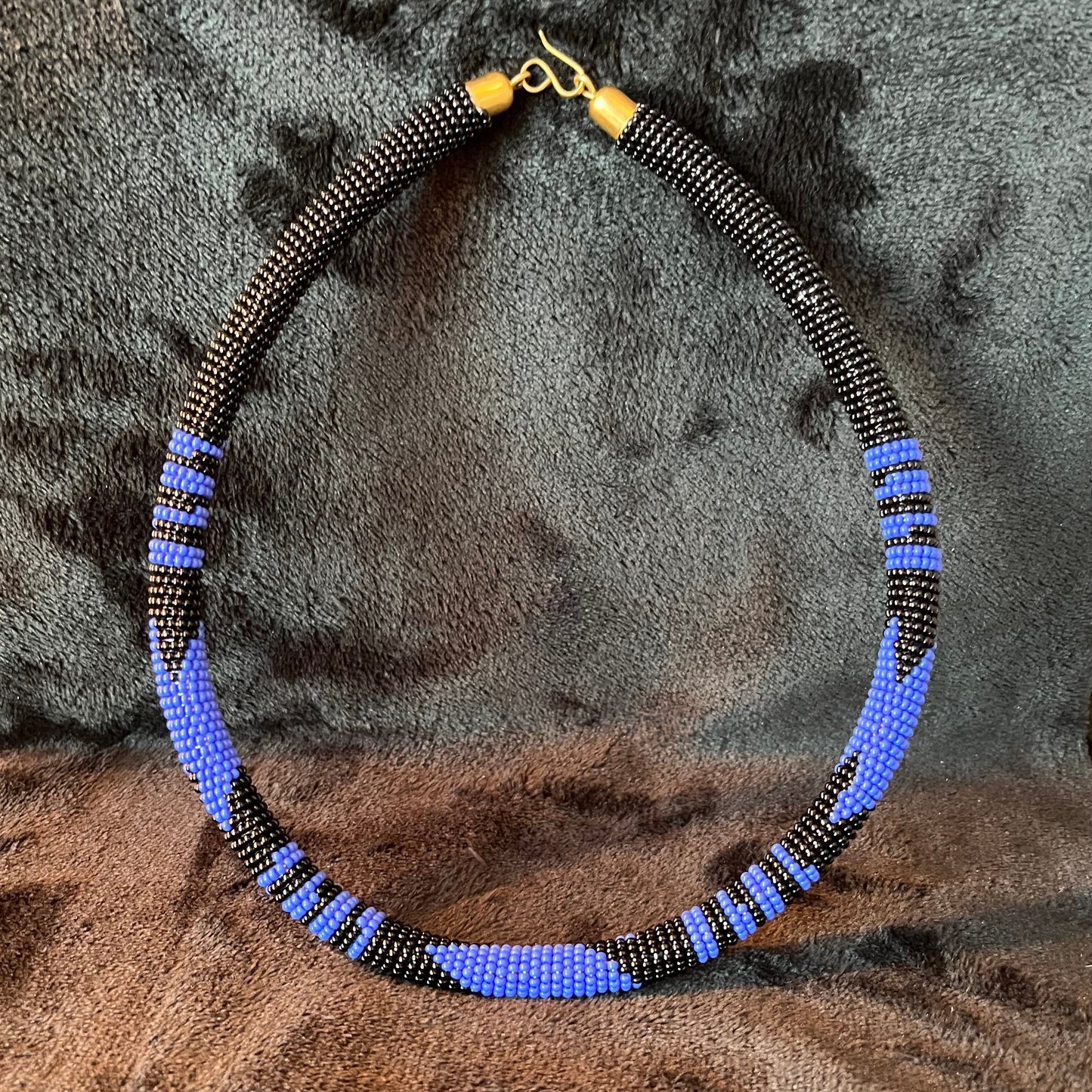 African Maasai Beaded Choker, Black and Blue Tribal NCK-2916