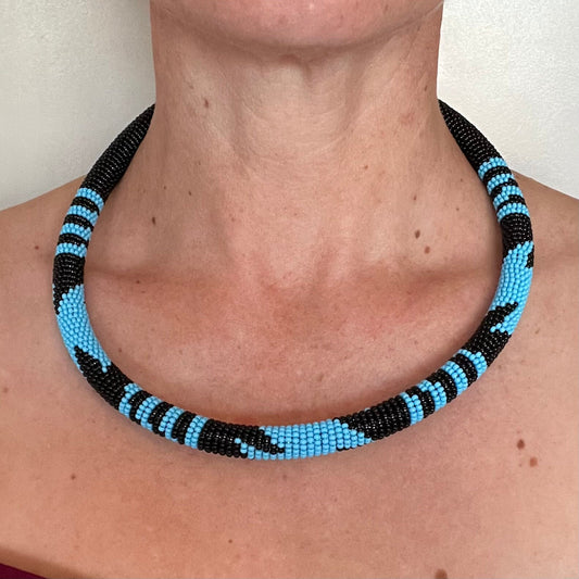 African Maasai Beaded Choker, Black and Blue Tribal NCK-2917