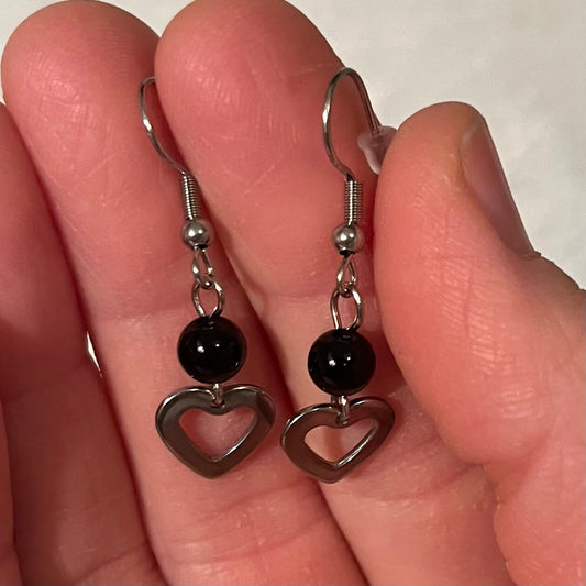 Black Obsidian Heart Dangle Earrings EAR-0061