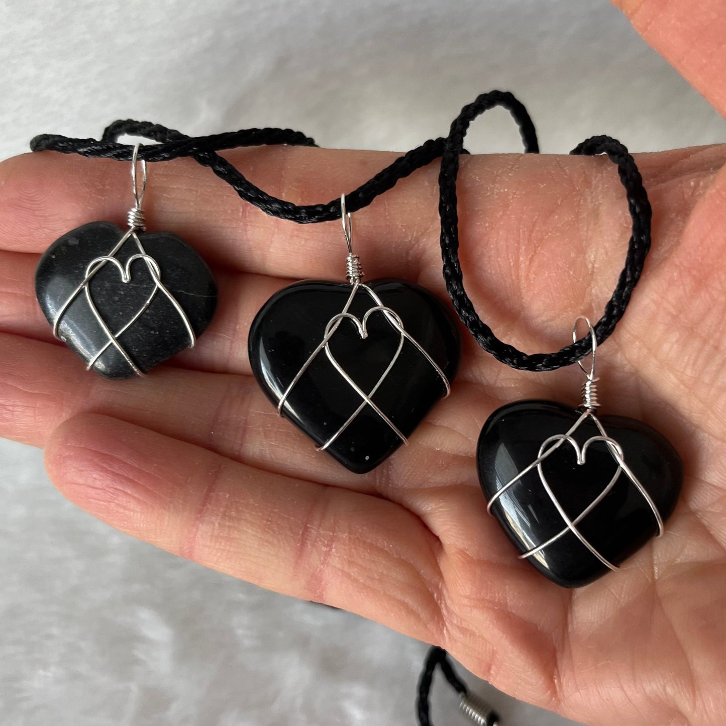 Black Obsidian Heart Wire Wrapped Necklace, Silver Tone NCK-2944